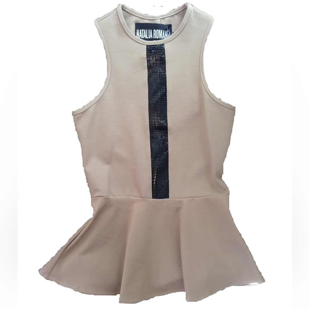 NEW SZ XS Natalia Romano Emily Peplum Top With Leather Cut-Out Inset